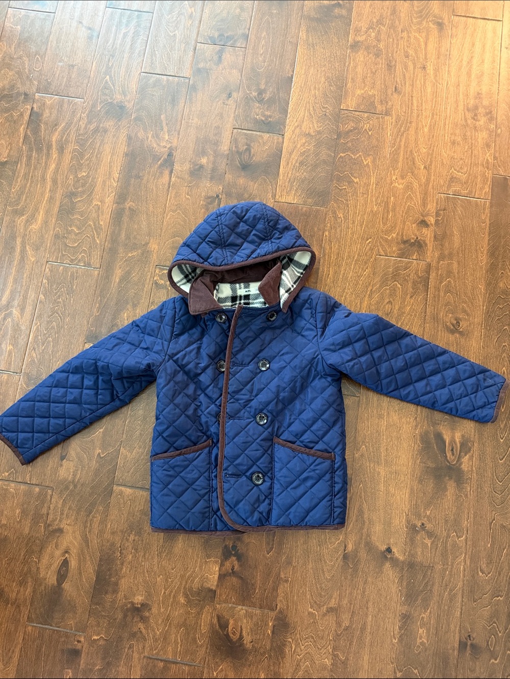Kids Quilted Navy Hooded Jacket with Plaid Lining